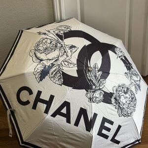 CHANEL Black & White Floral Logo Umbrella